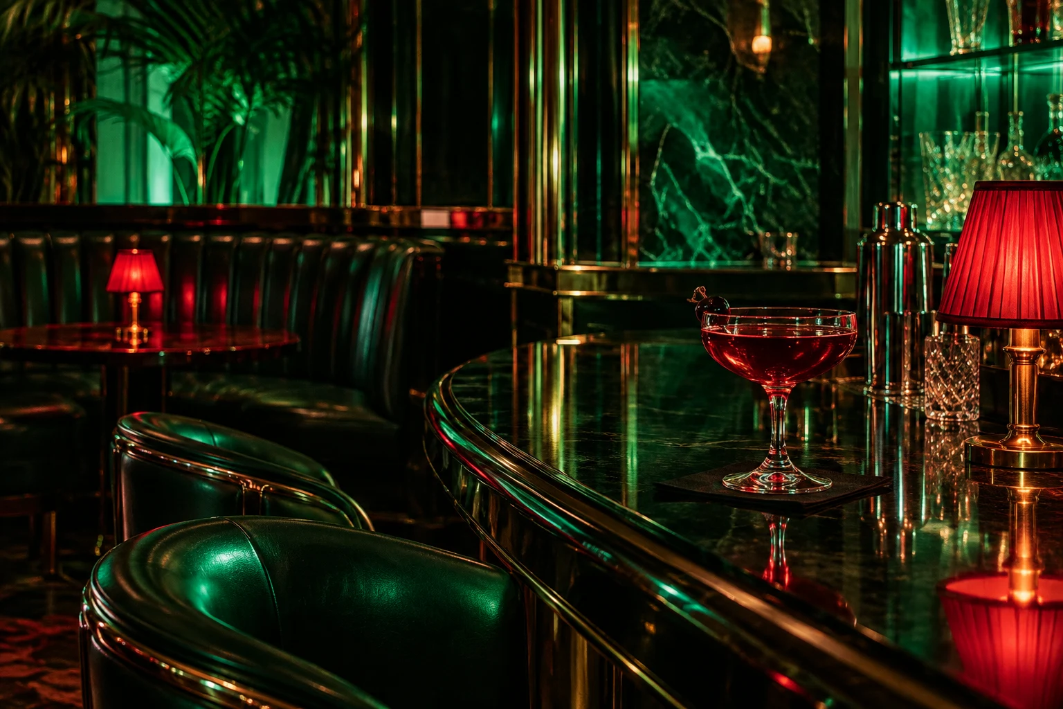 An intimate cocktail lounge lit in emerald and cherry red