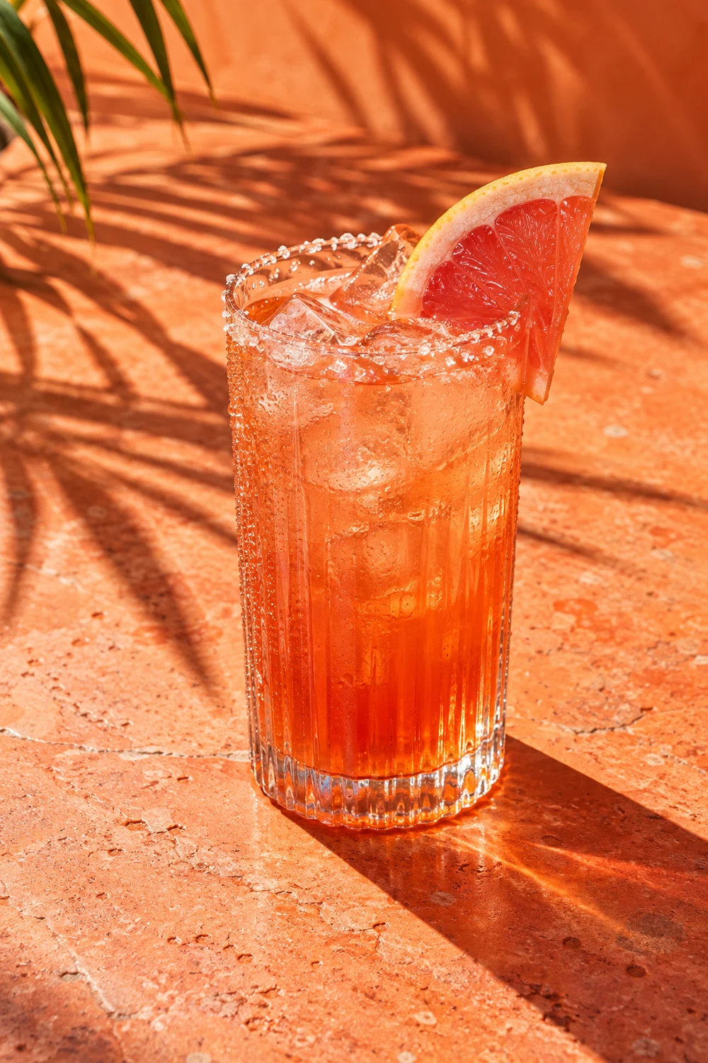A sunlit grapefruit paloma with a salted rim on a tangerine tabletop